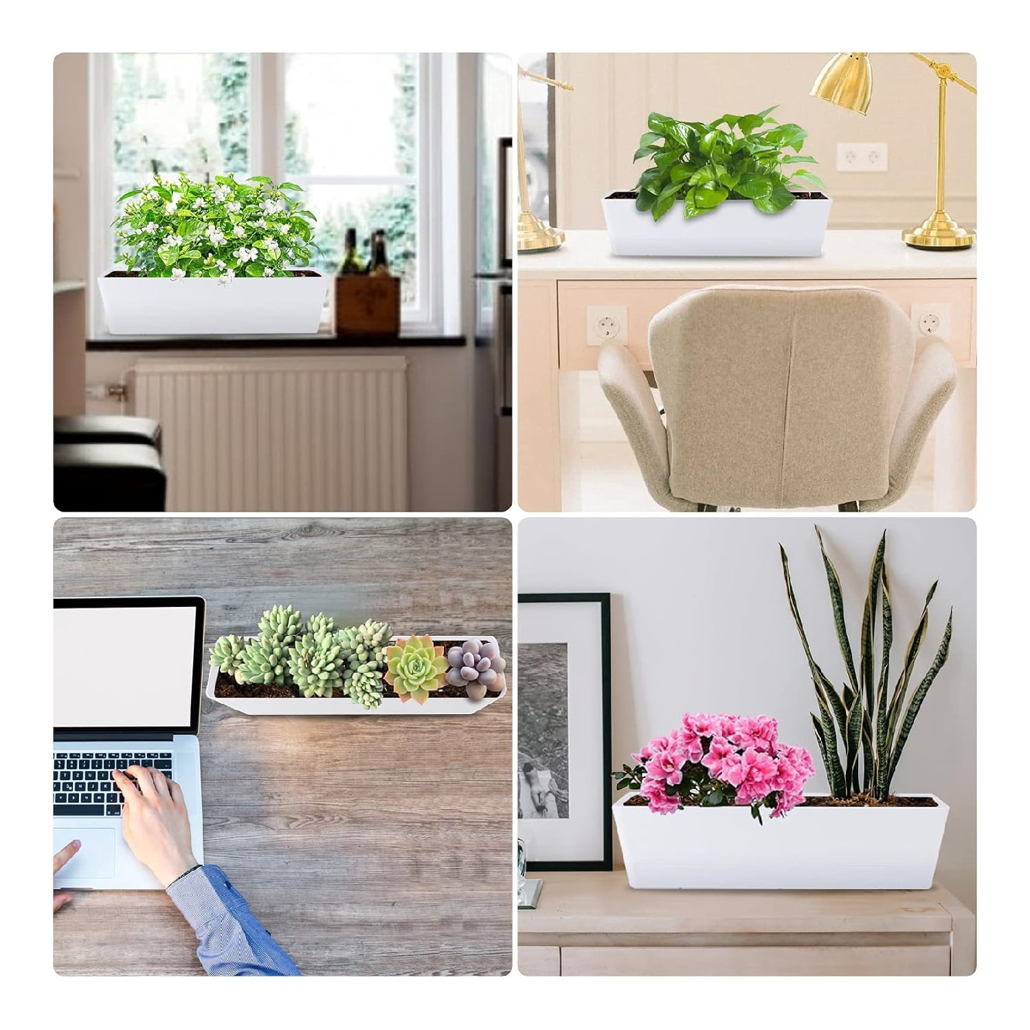 QZS Window Box Planter,1Pack Reusable Plastic Plant Pot for Yard Decor,12x3.8x4.6In Rectangle Flower Pot for Office Outdoor Decoration(White)
