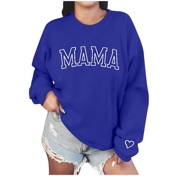 Sudaderas Penkiiy Mama para mujer Sweatshirt crewneck de gran tamaño holgado Suéter de manga larga para el Día de la Madre M Azul