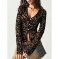 thumbnail image 6 of Female Y2k Leopard Print V Neck T Shirt Button Down Long Sleeve Knitted Tee Tops L, 6 of 10