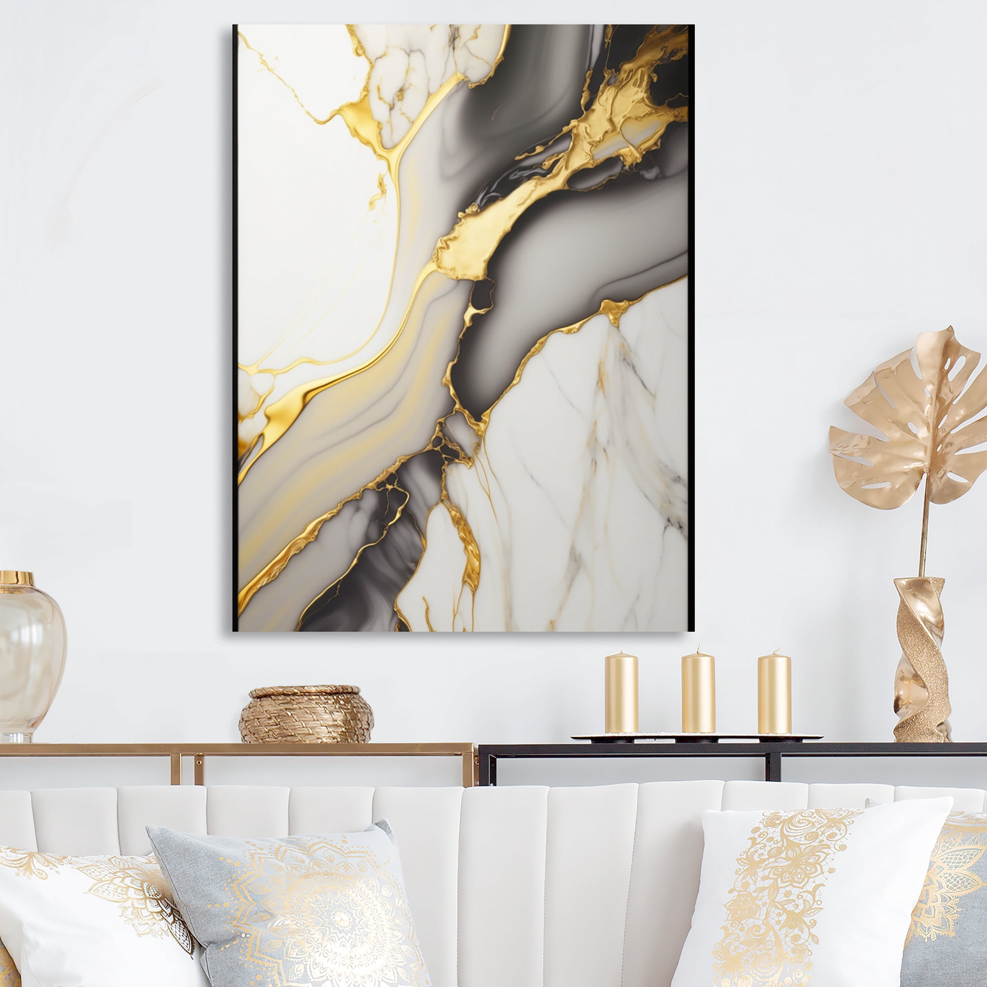 Designart Abstract Geode Marble White And Gold II Canvas Wall Art
