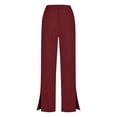 thumbnail image 5 of AKOEE Straight Leg Pants for Women with Pockets Drawstring Elastic Waist Linen Sweatpant Split Hem Casual Trouser (S, Wine), 5 of 5