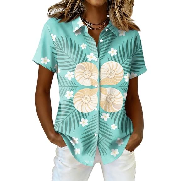 Sewkxo Womens Hawaii Shirt Floral Printed Short Sleeves Lapel Collar Buttons Tropical Beach Shirts 2026 Fashion Loose Party Holiday Tee Shirts,Cyan S