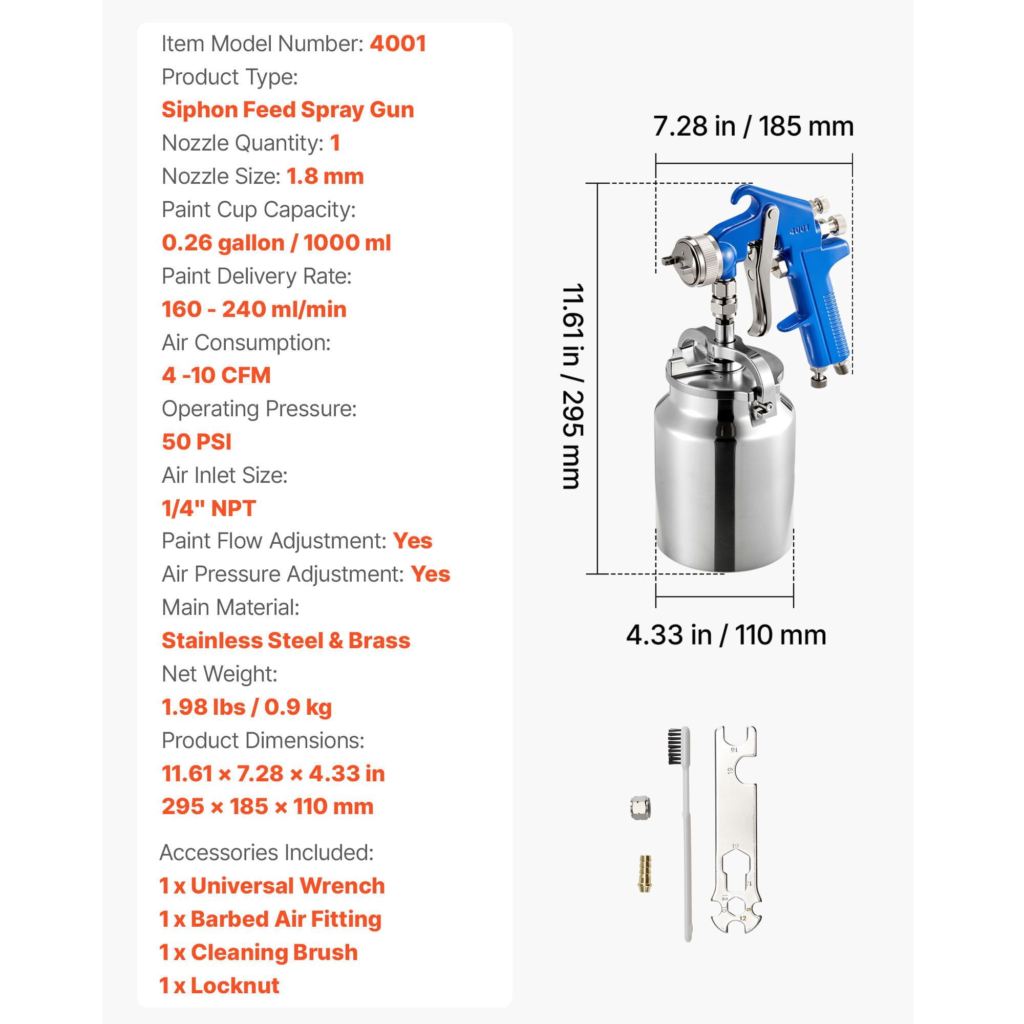 Siphon Feed Spray Gun, High-Precision with 3 Independent Adjustments, Stainless Steel Nozzle and Brass Cap, 1000ml Paint Cup, for Automotive and Furniture Spraying