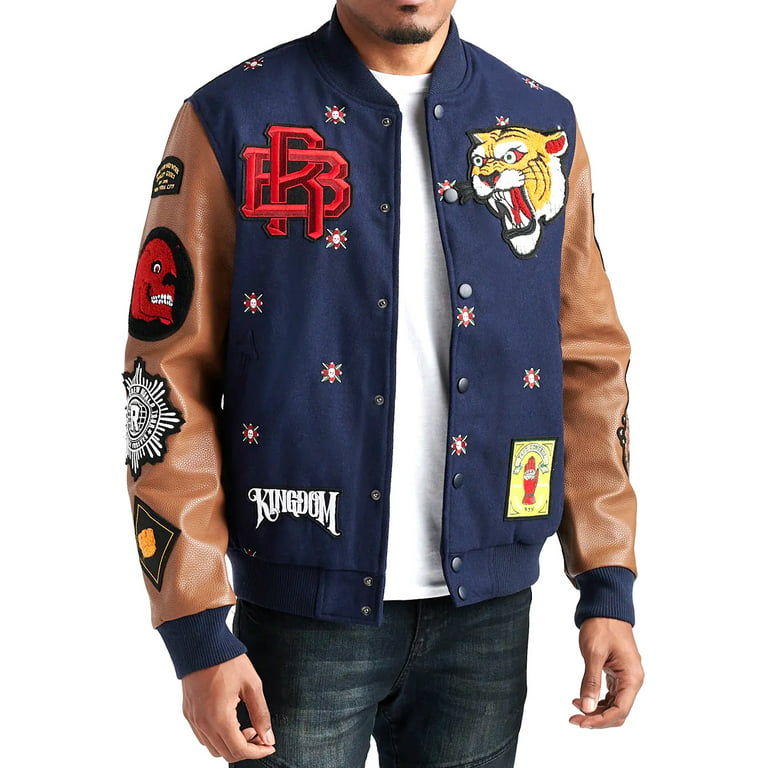 Mens Embroidered Varsity Jacket with Faux Leather Sleeves and Chenille  Embroidered Patches