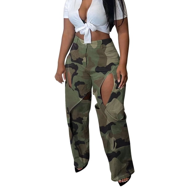 Pantalones cargo Prolriy para mujer, pantalones cargo de pierna recta para mujer, pantalones palazzo largos con agujeros y cintura alta, pantalones para mujer, verde L