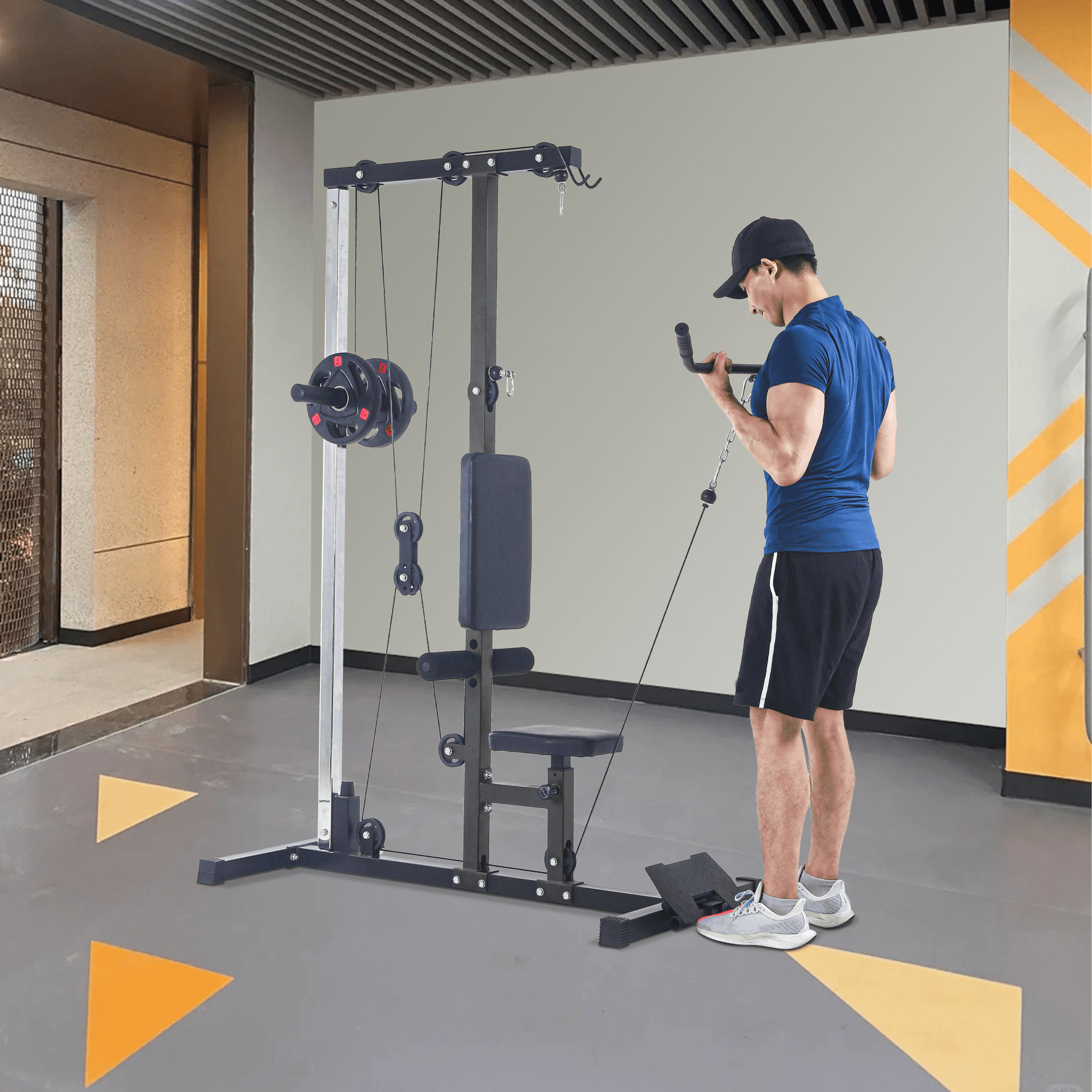 LAT Power Cable Machine, LAT Pull Down Machine with High and Low Pulley Station and Adjustable Leg Support, Back Exercise Equipment for Home Gym Body Strength Training