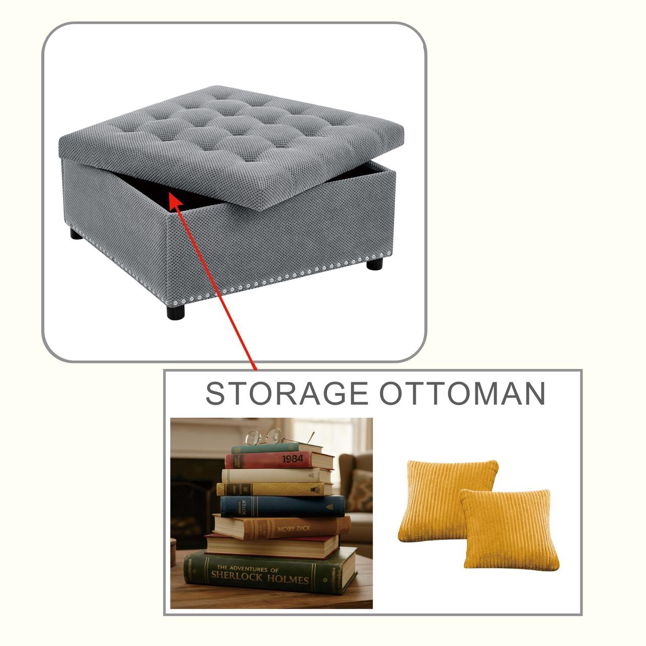 Tufted Storage Ottoman with Nailhead Trim, Square Footstool with Hidden Storage Compartment, Upholstered Coffee Table for Living Room, Bedroom, Light Gray