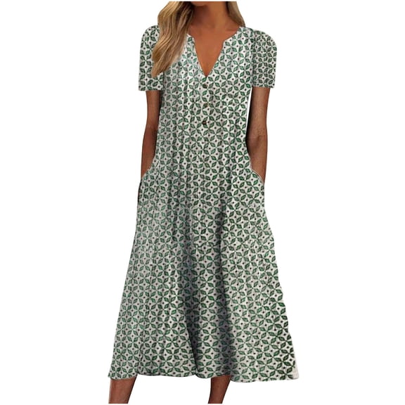 Wycnly Summer Dresses for Women Plus Size Loose Swing Beach Fashion Long Sundresses with Pocket 2024 Short Sleeve V-Neck Geometric Print Maxi Formal Dress Army Green XXXL