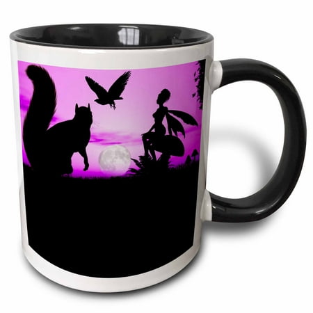 

3dRose Fairy Silhouette with Squirrel Eagle and Purple Sky - Two Tone Black Mug 11-ounce