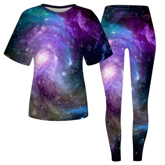 DHFJKG 2 Piece Sets For Women Summer Workout Outfits Short Sleeve Loungewear Sets Galaxy Printed Leggings Casual Tracksuits Versatile Outfit