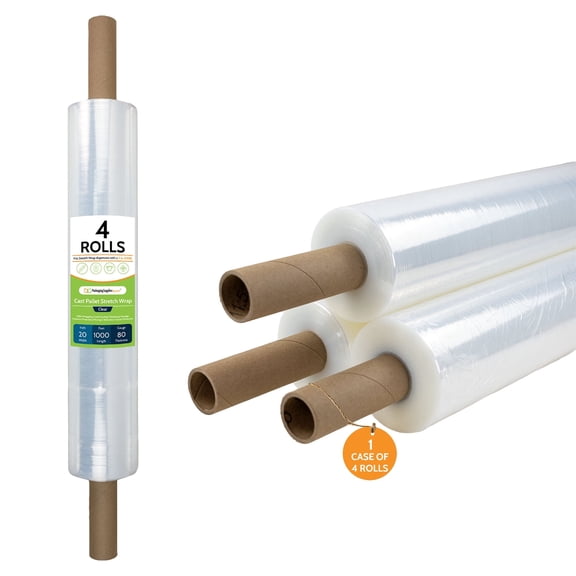 PSBM Stretch Wrap with Extended Core Handles 20"x1000' 4 Rolls 80 Gauge Clear Shrink Film/Wrap, Heavy Duty Industrial Strength Up to 800% Ultimate Stretch, Plastic Wrap for Moving, Packing, Shipping