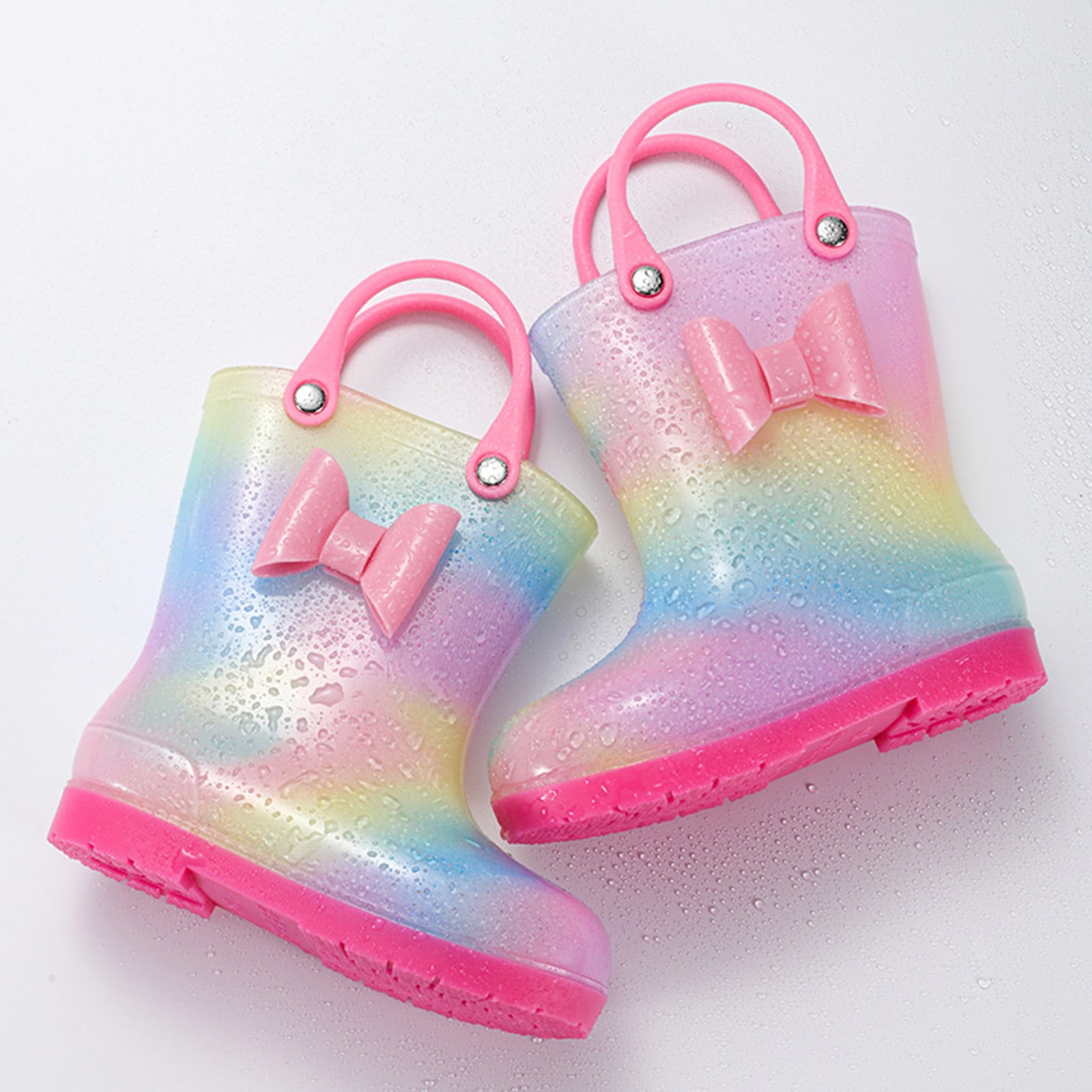Otqutp Children Shoes Rain Boots Bowknot Colourful WaterproofKids Rain Boots Boys Girls Rubber Boots with Handles