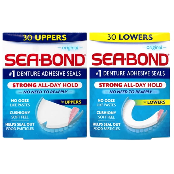 Sea-Bond Secure Denture Adhesive Seals, Original Uppers & Lowers, Zinc-Free, All-Day Hold, Mess-Free 30 Count Each