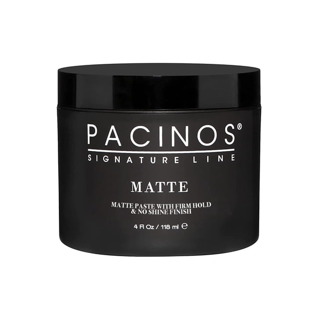 pasta para el cabello pacinos matte firm hold no shine, 120 ml, para todo el cabello — envase cilíndrico negro frontal con tapa, rótulo blanco 'PACINOS Signature Line' y texto 'MATTE', frasco de 4 fl oz (118 ml) legible; acabado mate visible, producto para definición, textura y fijación firme sin brillo, adecuado para cabello liso, ondulado o rizado; a menudo usado también para añadir textura rápida a peinados cortos en viaje.