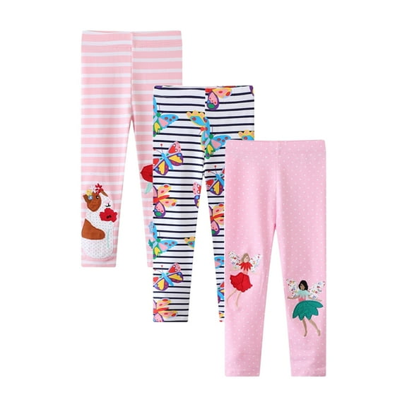 KAWELL 3 Pack Girls Leggings Cartoon Print Striped Casual Pants Toddler Elastic Trousers