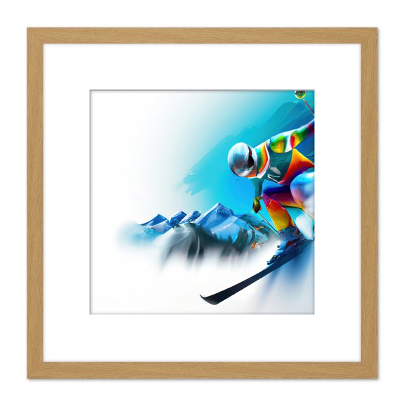Skier Skiing Motion Snow Mountain Winter Sport Blue Painting Square Wooden Framed Wall Art Print Picture 8X8 Inch