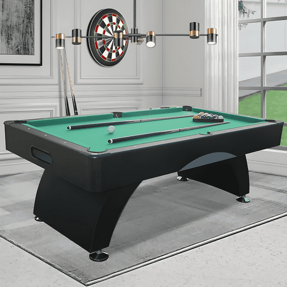 7 ft Pool Table with Accessories, Matte Black Billiards Table for Indoor Game Room