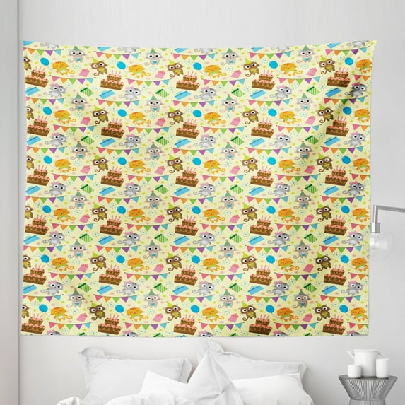 Happy Birthday Tapestry, Cartoon Funny Cats and Party Flags with Stars Presents Cake, Fabric Wall Hanging Decor for Bedroom Living Room Dorm, 5 Sizes, Pale Yellow Multicolor, by Ambesonne