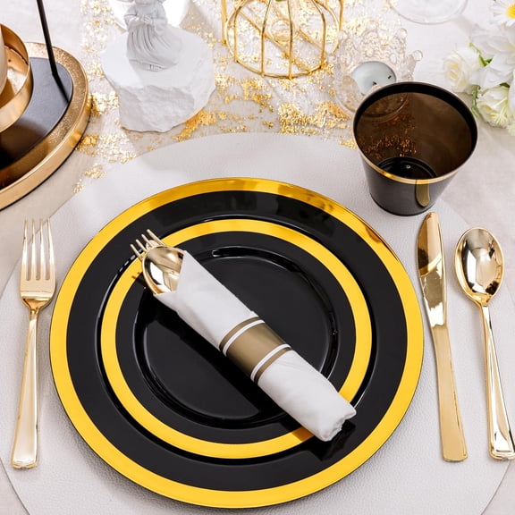 350PCS Black and Gold Plastic Plates - Gold Disposable Dinnerware Sets for 50 Guests - 100 Plastic Plates, 150 Gold Silverware, 50 Cups, 50 Pre Rolled Napkins for Party & Wedding