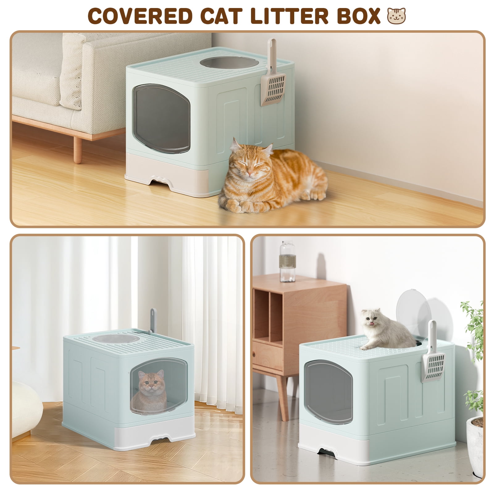 Cshidworld Large Foldable Cat Litter Box with Scoop, Front Entry Top Exit Cat Litter Pan with Lid, Enclosed Anti-Splashing Kitty Litter Box, Drawer Type Cat Litter Easy Cleaning and Scoop, Blue
