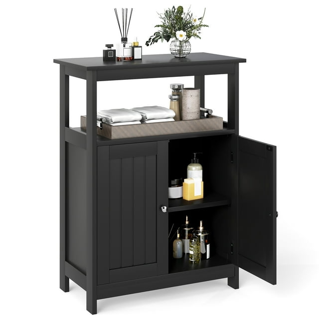 Giantex Armoire de Rangement pour Salle de Bain, Organisateur de Rangement au Sol avec Tablette Réglable à 3 Niveaux, Unité de Rangement Moderne, Noir