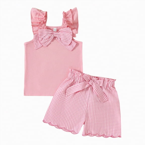 Ccpelsie Girls 2 Piece Short Sets Kids Summer Outfit Toddler Girls Sleeve Shirts Ruffle Short Sleeve Top and Shorts(Pink,12-18 Months)