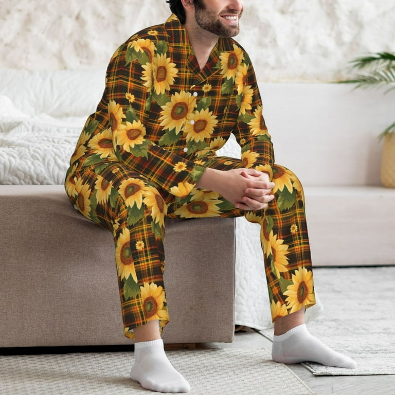 Vsdgher Yellow Black Plaid Sunflower Mens Pajama Set Soft Warm Long Sleeve Sleepwear Cozy Button Down Pjs for Men Medium Walmart