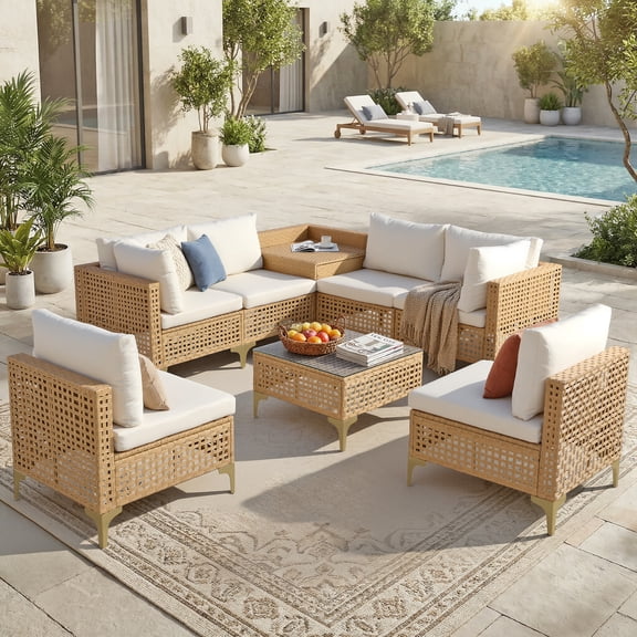 Oufohomtlay 8‑Piece Outdoor Wicker Rattan Sectional Patio Furniture Set,Glass‑Top Table and Storage Box for Garden Porch Poolside,Beige