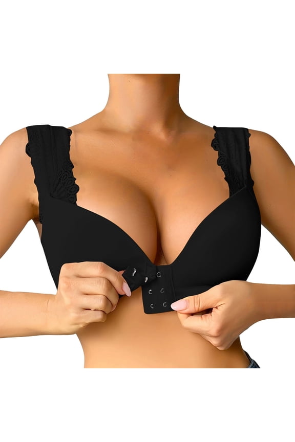 Women's Plus Size Front Hook Closure Bras Deep V Fixed Cups Breastfeeding Bralettes with Stretchy Lace Wide Straps Smooth and Seamless Comfort Push up Nursing Bra Black M