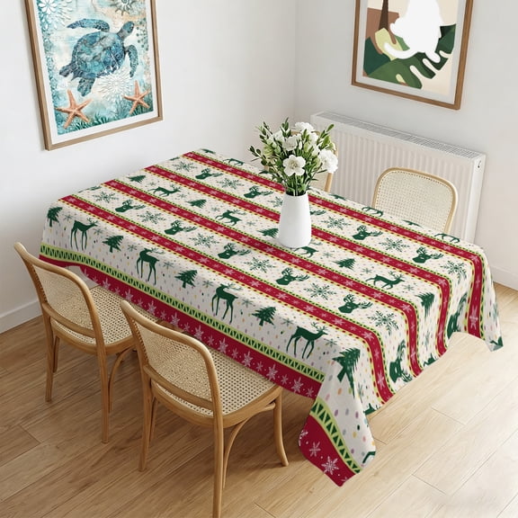Waterproof Tablecloth Christmas Tree Reindeer Snowflake Rectangle Table Cloth 60x84in,Wipeable Washable Table Cover Red Stripe Retro Linen Tablecloths for Dining Tables Kitchen Picnic Outdoor Party