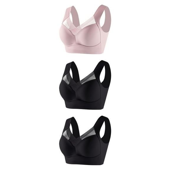 3-Pack Plus Size Bras for Women Wirefree Mesh High Impact Tank Top Bralette Full Coverage Comfy Push Up Running Sport Bra, Black, L