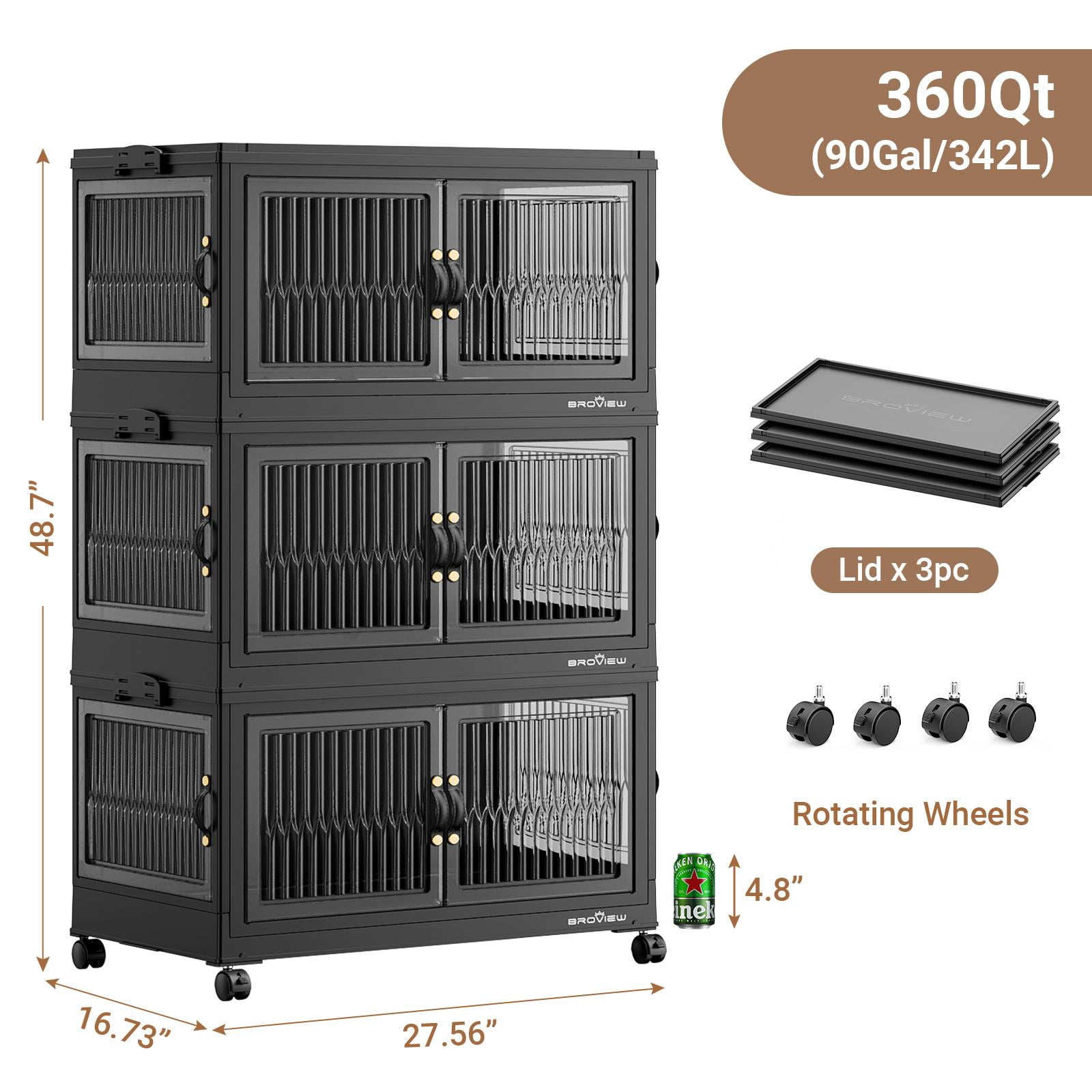 Broview 90Gal Stackable Storage Bins with 3x Lids, Front and Side Open Doors, Collapsible Closet Organizer and Storage Cabinet, Plastic Folding Box with Wheel Drawer for Home Office, 3Pack Black