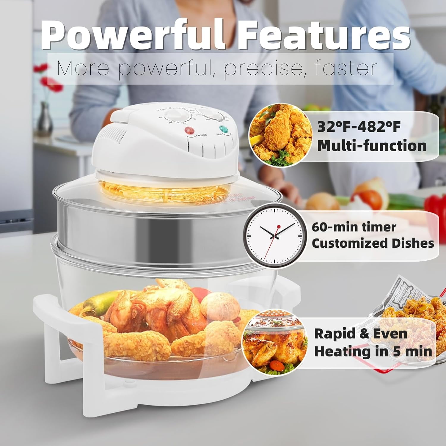 18Qt Extra Large Glass Air Fryer Non Toxic Air Fryer Portable 360 Visibility with High and Low Grills, Tongs, Expansion Ring for Home Kitchens, Dorms & Small Gatherings