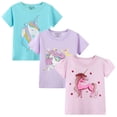 thumbnail image 3 of HILEELANG Little Girls' Short Sleeve Tee Shirt Cotton Crewneck Unicorn Graphic Tops T-Shirts Purple Green 3 Packs Sets 6T, 3 of 7
