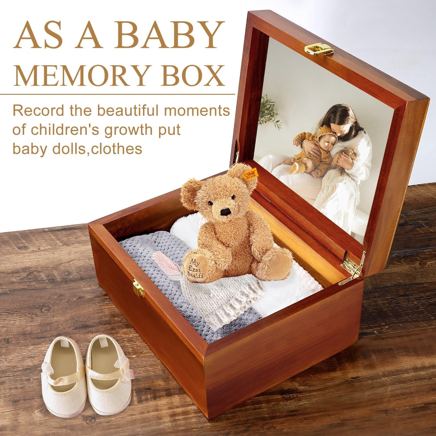 Large Wooden Keepsake Box with Hinged Lid and Photo Frame - Elegant Wedding Memory Box, Ideal for Photos, Letters, Time Capsules, Bride Gift, Love, Decorative Storage