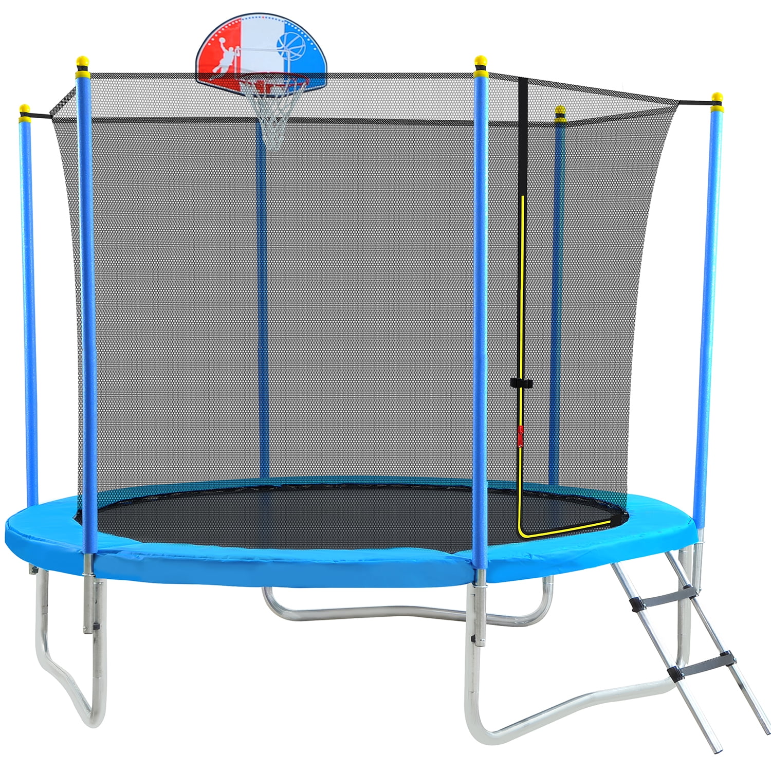 Kadyn Jumping Trampoline, 8FT Toddlers Trampoline with Safety Enclosure Net, Metal Mini Round Small Trampolines with Basketball Hoop and Ladder, Blue Kadyn Jumping Trampoline, 8FT Toddlers Trampoline with Safety Enclosure Net, Metal Mini Round Small Trampolines with Basketball Hoop and Ladder, Blue