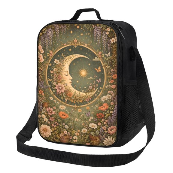 Moon Floral Lunch Bag Insulated Thermal Lunch Box with Shoulder Strap & Handle for Women and Men