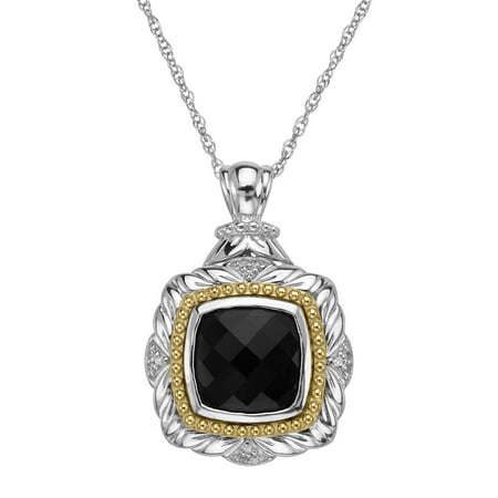Duet 3 1/2 ct Onyx Cushion Pendant Necklace with Diamonds in Sterling Silver & 10kt Gold