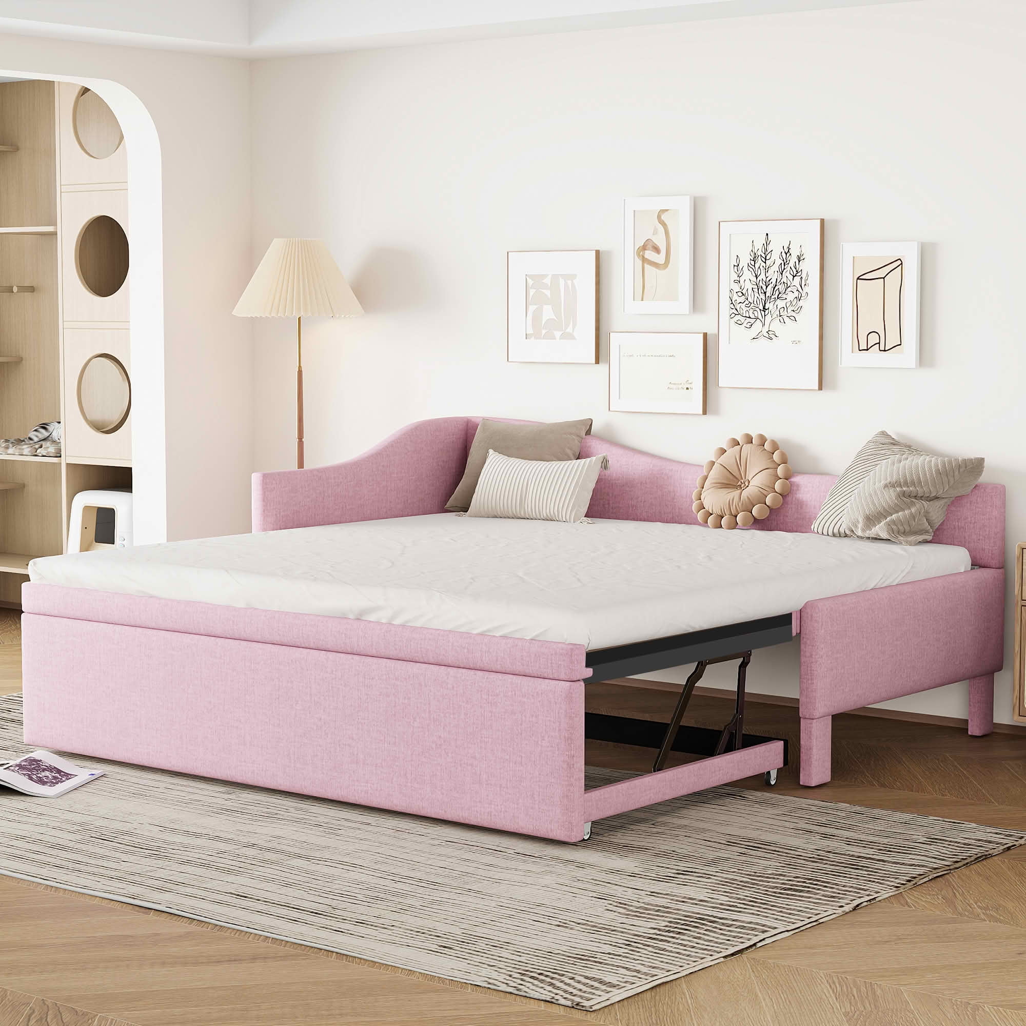 MAYEERTY L-Shaped Linen Upholstered Daybed with Twin to King Expandable Trundle, No Box Spring Needed