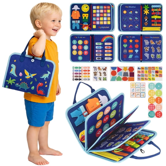 Lvelia Toddler Busy Board Montessori Toys for Boys, Sensory Book Educational Activities for Learning Fine Motor Skills, Birthday Gifts for Boys Toddlers, Travel Toys for Airplane Car, Blue Dinosaur