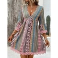 thumbnail image 2 of MORTTIC Women's Boho Print Mini Dress V-Neck 3/4 Sleeve Flowy Casual Summer Beach Sundress, XL, 2 of 6