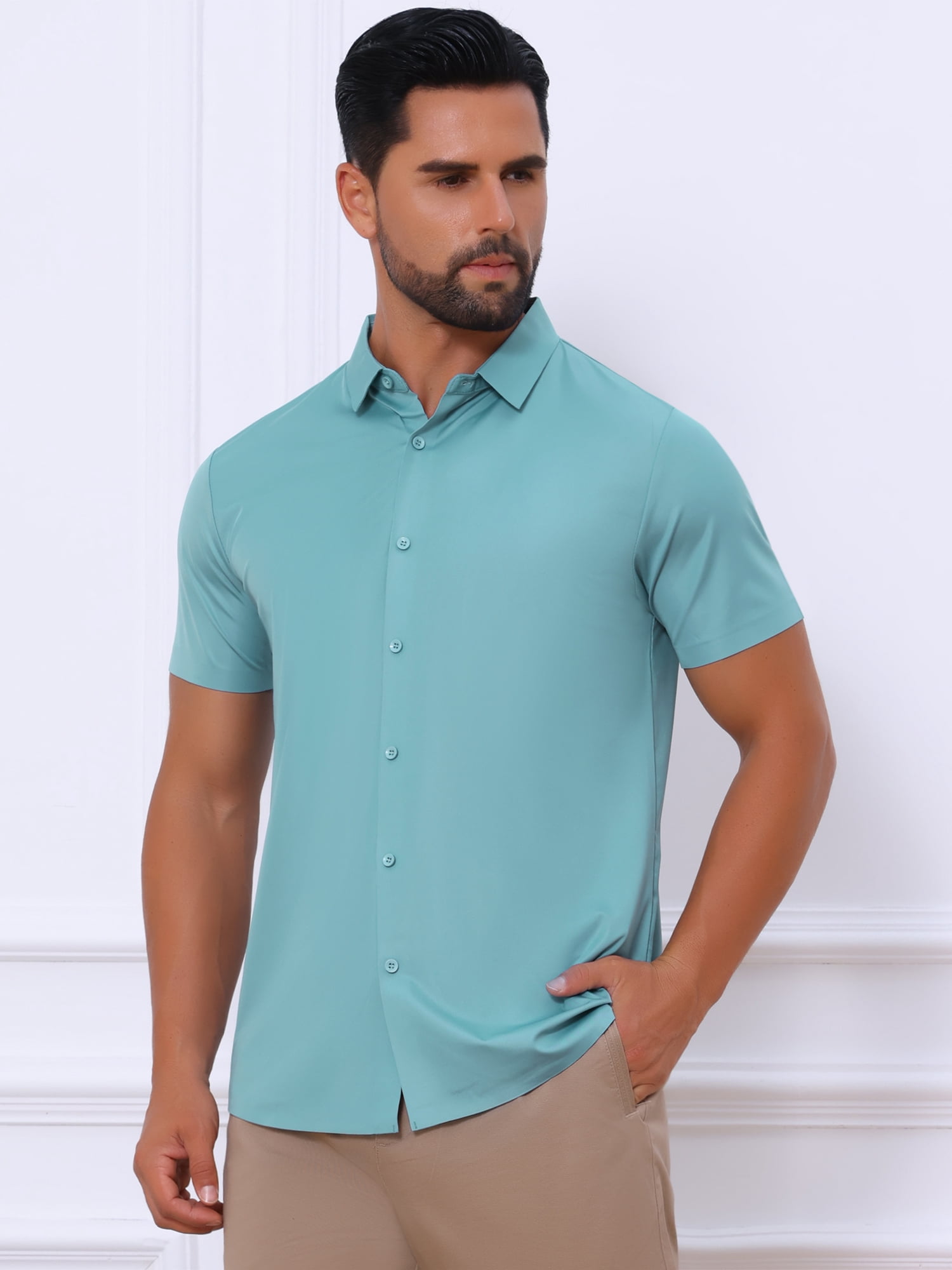 DARING DIVA Men's Button Down Point Collar Short Sleeve Business Dress Shirt XL Blue