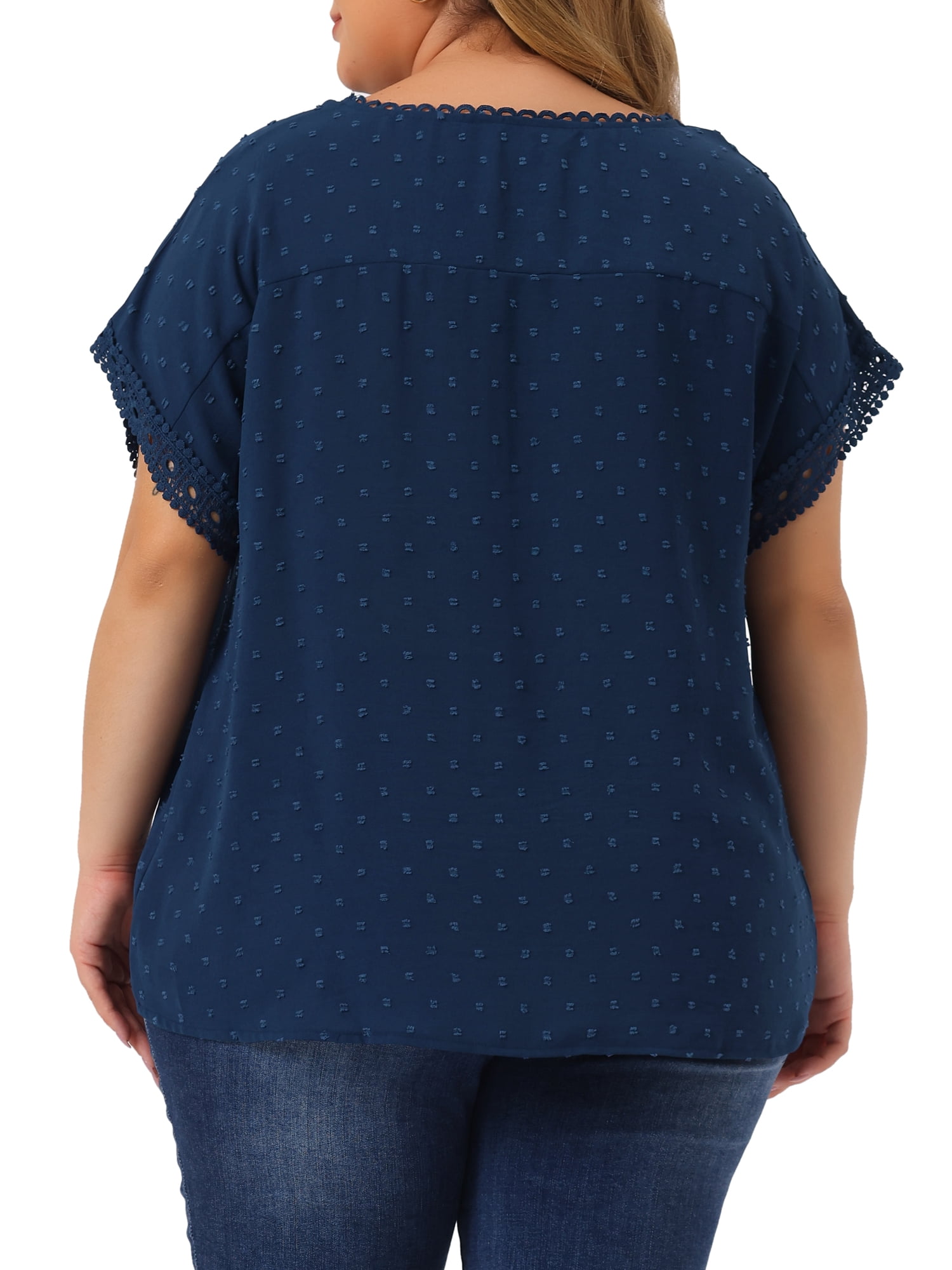 Women's Plus Tops with Swiss Dots Crew Neck Short Sleeve Casual Blouses 4X Dark Blue