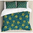 thumbnail image 1 of Yellow and Blue Queen Size Duvet Cover Set, Autumn Season Foliage with Stars Circles on Blue Shade Background, Decorative 3 Piece Bedding Set with 2 Pillow Shams, Dark Blue and Yellow, by Ambesonne, 1 of 3