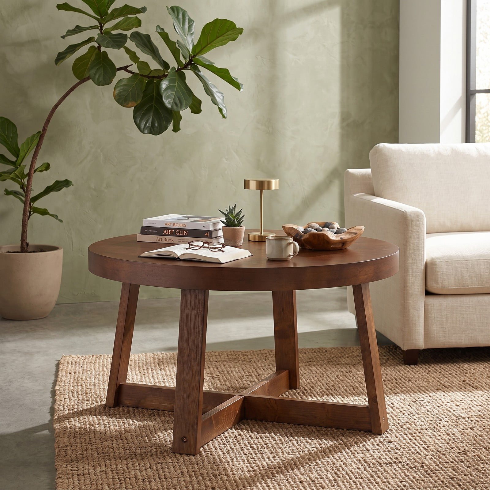 Furnibear Round Coffee Table for Living Room, 30 Inch Farmhouse Accent Table with Solid Rubber Wood Legs, X-Shaped Base, Round Center Cocktail Table for, Walnut