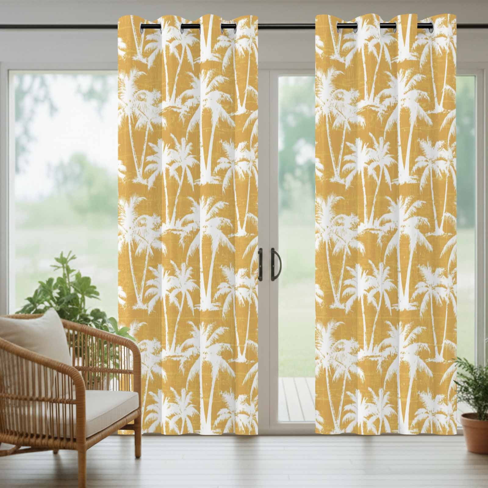 Yellow Palm Tree Outdoor Curtains for Patio, Summer Tropical Country Vintage Silver Tree Leaf Sunshade Privacy Drapes Grommet Waterproof Outside Curtains for Porch/Cabana/Balcony 54"x 108", 1 Panel
