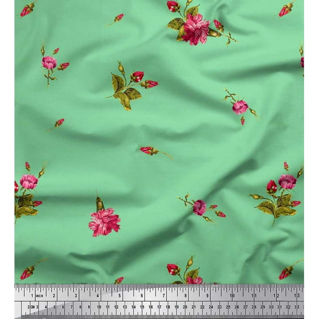 Soimoi Polyester Crepe Fabric Leaves & Carnation Floral Print Sewing Fabric Yard 52 Inch Wide