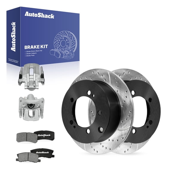 AutoShack Rear Solid Drilled & Slotted E-Coated Brake Rotors   Ceramic Pads   Calipers 8-PC Brake Kit Replacement for 2009-2011 Mitsubishi Outlander ShadowGuard 11.89" (302 mm)