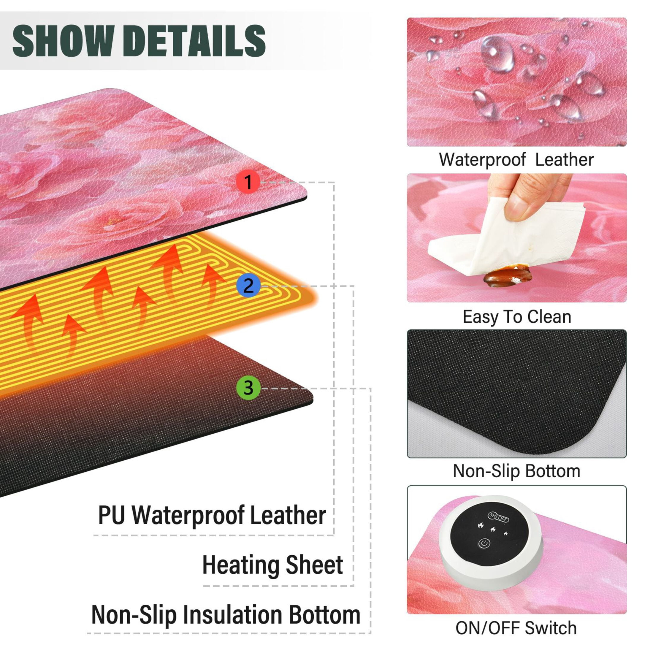 Large Heated Desk Mat Mouse Pad 31.5"x13"PU Leather Graphene Heating Desk Warmer with 3 Temperature Settings 110V US Plug Non-Slip Warm Pad for Home, Office, and Gaming Pale Pink Roses Pattern