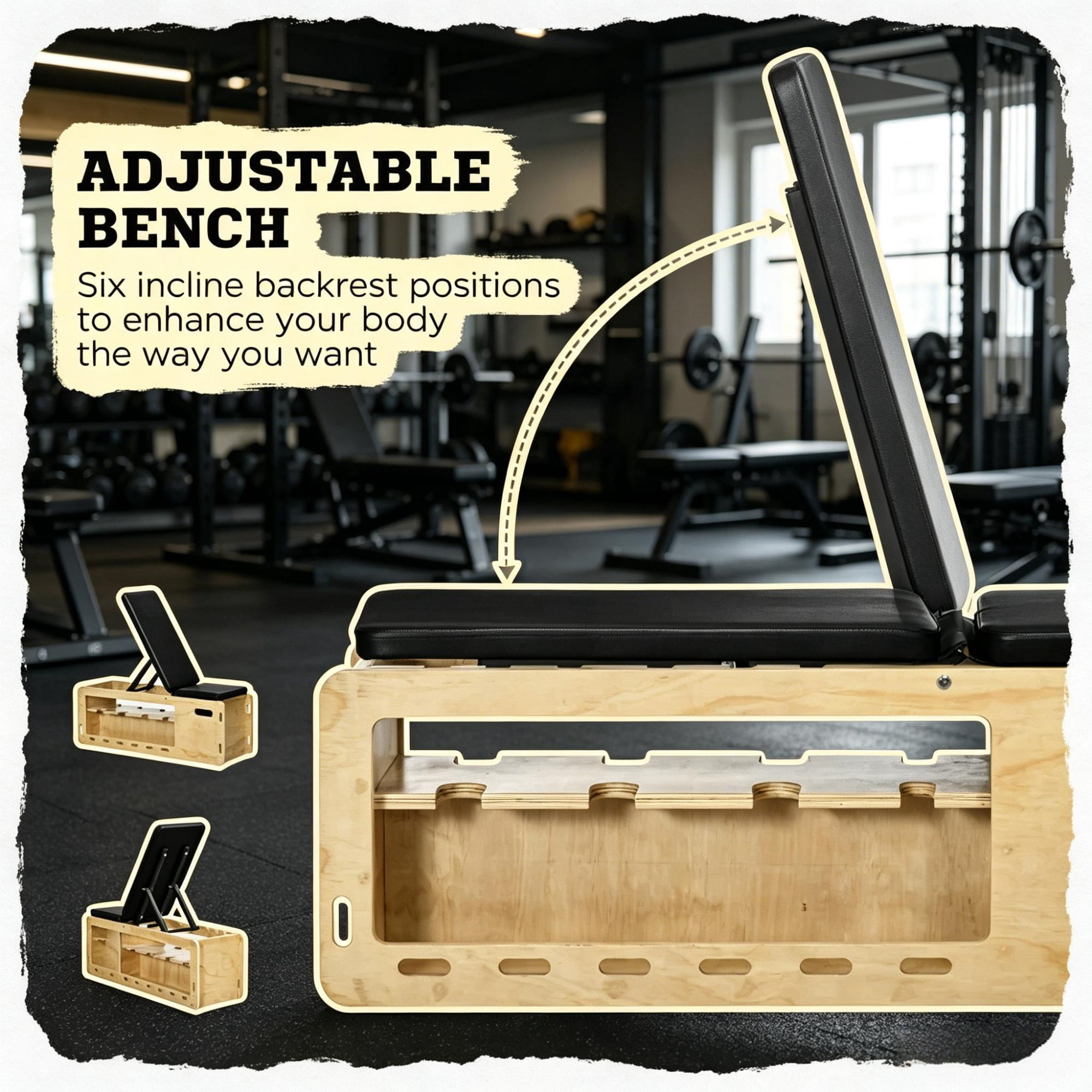 Home Gym Wooden Workout Bench, Adjustable Incline Weight Bench with Dumbbell Rack and Built-in Resistance Bands
